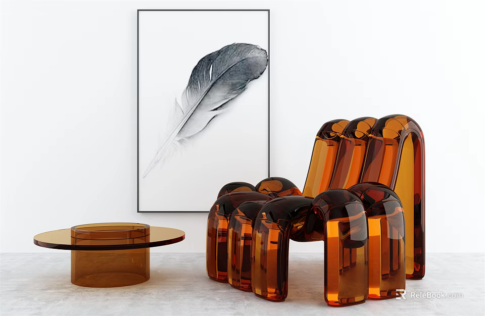 Modern Amber Acrylic Lounge Chair With Sculptural Design Side Table And Wall Art 3d model 