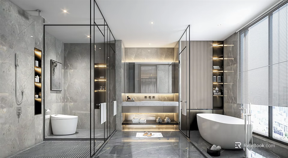 Elegant Modern Bathroom Interior Design With Glass Partitions Marble Walls And Freestanding Bathtubs 3d model 