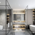 Elegant Modern Bathroom Interior Design With Glass Partitions Marble Walls And Freestanding Bathtubs