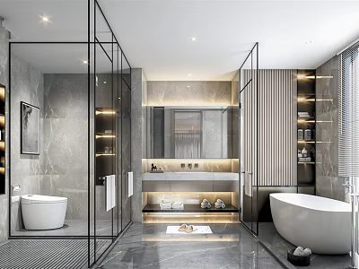 Elegant Modern Bathroom Interior Design With Glass Partitions Marble Walls And Freestanding Bathtubs 3d model