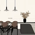 Modern Dining Table Set With Chairs Pendant Lights And Flower Vase On Countertop