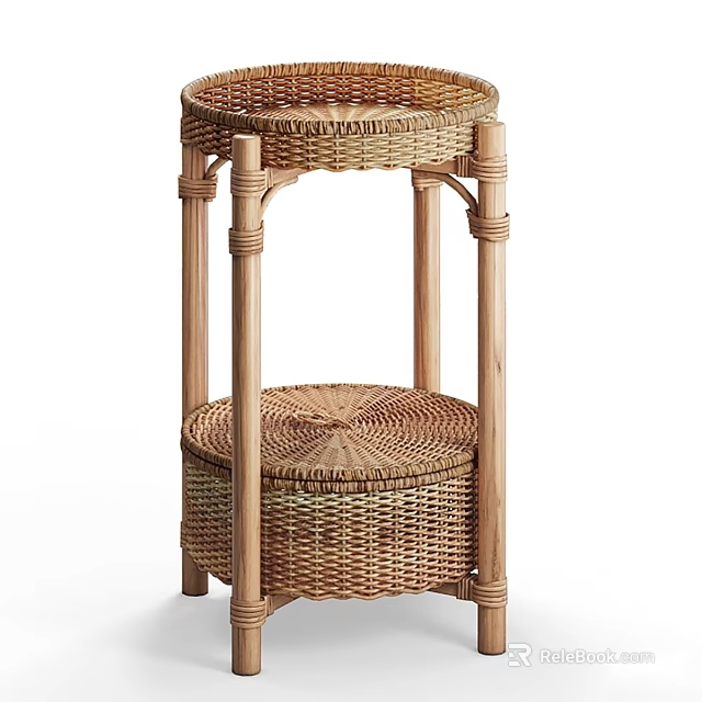 Rattan Side Table with Wooden Frame and Two Tiered Design for Living Room Decor 3d model 