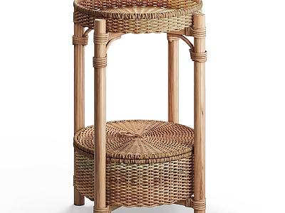 Rattan Side Table with Wooden Frame and Two Tiered Design for Living Room Decor 3d model