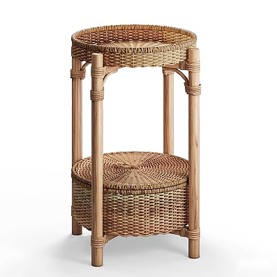 Rattan Side Table with Wooden Frame and Two Tiered Design for Living Room Decor 3d model