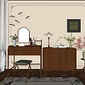 Elegant Wooden Dressing Table With Mirror Table Lamp Cabinet And Flowers In Cozy Room