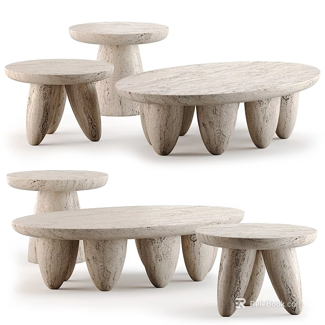 Organic Style Stone Coffee Table Collection Featuring Oval Tops And Multiple Textured Legs 3d model