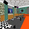 KTV Lounge Interior With Orange Sofas Black White Checkered Floor And Geometric Ceiling