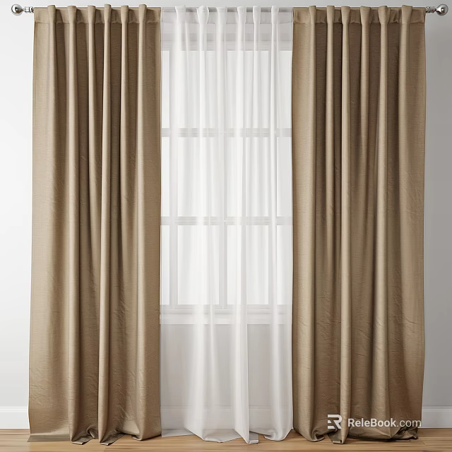 Modern Brown Curtains With White Sheer Layers For Window Decoration 3d model