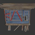 Rustic Small Wooden Cabin With Blue Walls Red Window Frames And Sloped Roofs