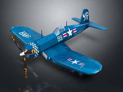 Vintage Blue Military Airplane Model With Stars Number 99 And Propeller 3d model