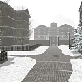Snow Covered Path Between Buildings With Railings Street Lamp And Small Car