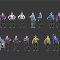 Group Of Men In Different Colored Jackets Posing With White Equipment