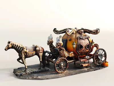 Pumpkin Shaped Carriage Pulled by Skeleton Horse with Ornate Design 3d model