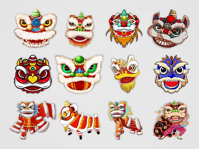 Traditional Chinese Lion Dance Head and Figure Artwork with Colorful Various Designs 3d model