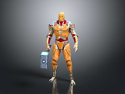 Orange Red Armored Humanoid Character Standing With Blue Device In Hand 3d model