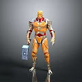 Orange Red Armored Humanoid Character Standing With Blue Device In Hand