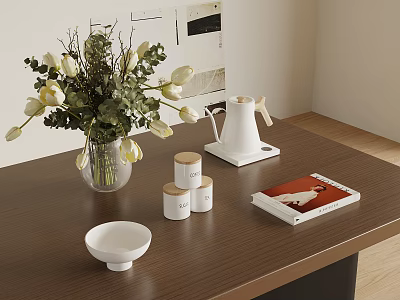 Wooden Table Decorative Ornament Set With Vase White Flowers Greenery Kettle Jars Bowl Red Book 3d model