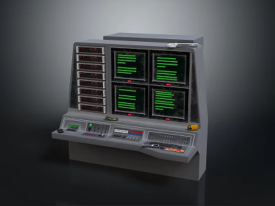 Industrial Control Console With Multiple Green Display Screens And Control Buttons 3d model