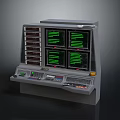 Industrial Control Console With Multiple Green Display Screens And Control Buttons