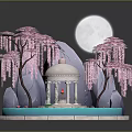 Weeping Pink Trees And Lotus Plants Around White Pavilion On Blue Platform Under Full Moon