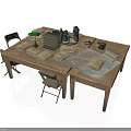 Vintage Wooden Table Setup With Table Lamp Books Map Camera And Chairs
