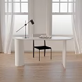 Modern Office Desk With White Tabletop Black Lamp Chair Window White Curtains And Wooden Floor