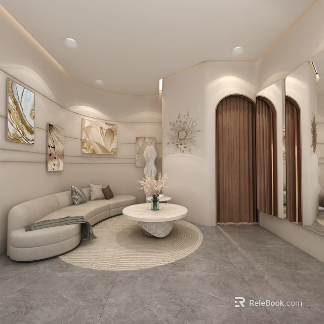 Elegant Modern Clothing Store Interior With Curved Sofa Decorative Paintings And Round Coffee Table 3d model 