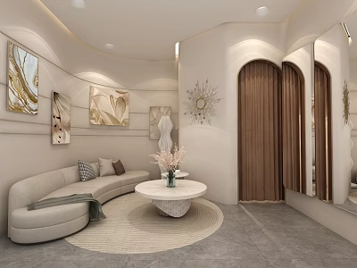 Elegant Modern Clothing Store Interior With Curved Sofa Decorative Paintings And Round Coffee Table 3d model