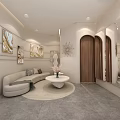 Elegant Modern Clothing Store Interior With Curved Sofa Decorative Paintings And Round Coffee Table