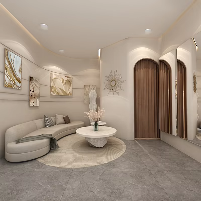 Elegant Modern Clothing Store Interior With Curved Sofa Decorative Paintings And Round Coffee Table 3d model