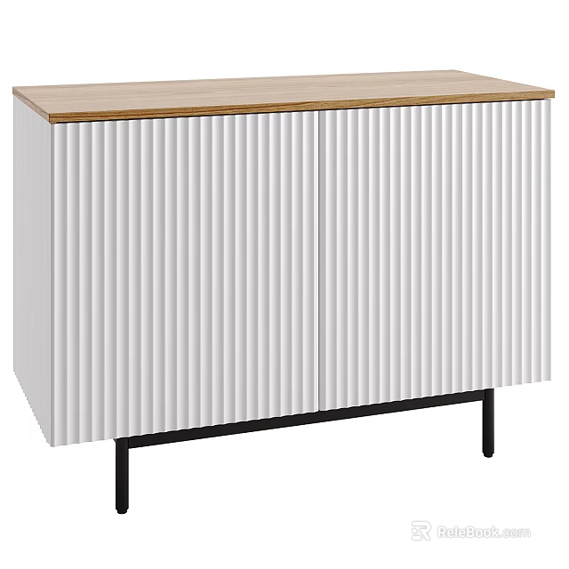 Modern Minimalist Chest of Drawers with White Vertical Slat Doors Wooden Top and Black Legs 3d model 