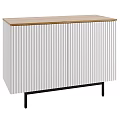 Modern Minimalist Chest of Drawers with White Vertical Slat Doors Wooden Top and Black Legs