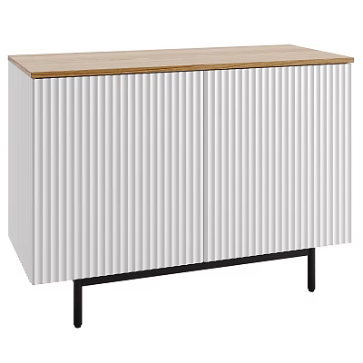 Modern Minimalist Chest of Drawers with White Vertical Slat Doors Wooden Top and Black Legs 3d model