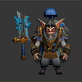 Colorful Fantasy Armored Character With Blue Feather Helmet Red Face And Sword