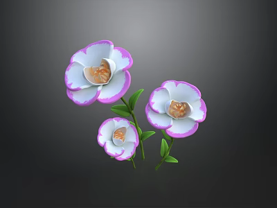 Three White Flowers With Pink Edges Green Stems And Leaves On Dark Background 3d model