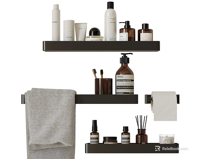 Stylish Bathroom Accessories With Wall Shelves Towel Toiletries Bottles And Toilet Paper Holder 3d model 