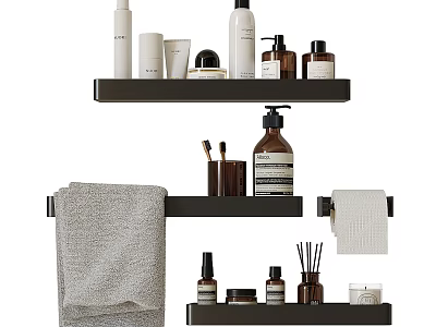 Stylish Bathroom Accessories With Wall Shelves Towel Toiletries Bottles And Toilet Paper Holder 3d model