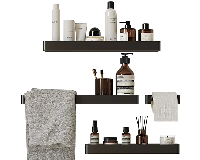 Stylish Bathroom Accessories With Wall Shelves Towel Toiletries Bottles And Toilet Paper Holder 3d model
