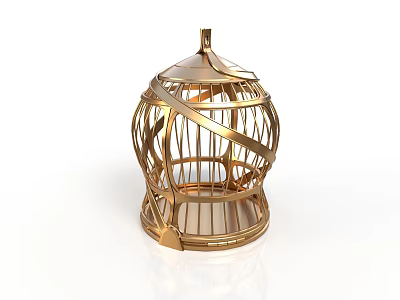 Golden Metal Birdcage with Intricate Geometric Pattern and Top Handle for Home Decor 3d model