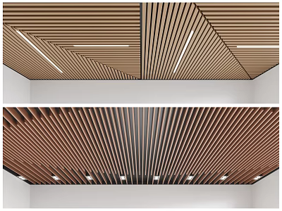 Modern Wooden Slat Ceiling Design With Linear Arrangement And Recessed Lighting 3d model