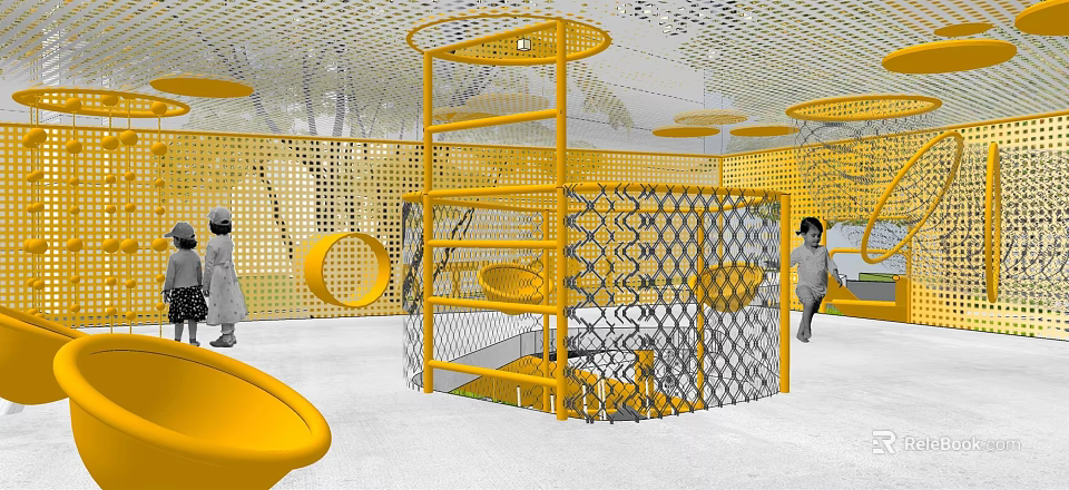 Indoor Children's Play Area With Yellow Mesh Fence And Circular Decorations 3d model 