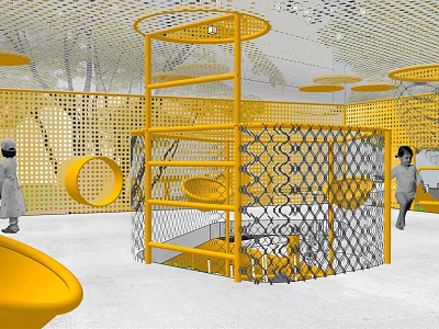 Indoor Children's Play Area With Yellow Mesh Fence And Circular Decorations 3d model