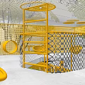 Indoor Children's Play Area With Yellow Mesh Fence And Circular Decorations