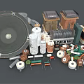 Assorted Electronic Components Collection With Speaker Capacitors Coils Resistors And Transformers