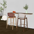 Minimalist Interior Design Wooden Bar Counter with Red and Beige Stools Vase and Green Plants