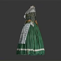 Traditional Green Long Dress with White Lace Apron and Ornate Decorative Details