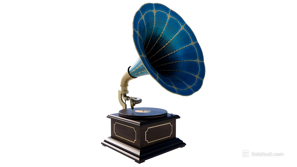 Elegant Vintage Gramophone Speaker with Blue Horn Black Base and Golden Decoration Retro Style 3d model 
