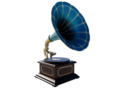 Elegant Vintage Gramophone Speaker with Blue Horn Black Base and Golden Decoration Retro Style 3d model
