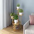 Multi Tiered Golden Plant Stand With Potted Greenery And White Planters In Living Room