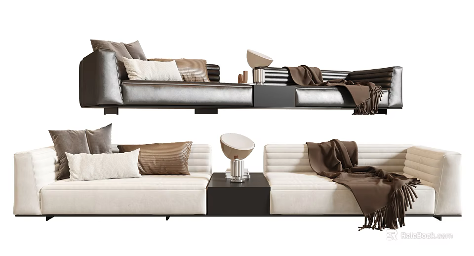 Modern Sectional Sofa With Beige Brown Pillows Throw Blanket Side Table And Lamp 3d model